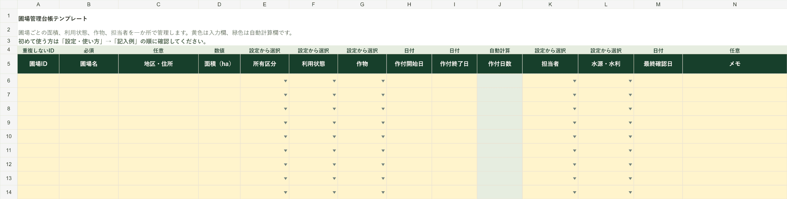 空欄から入力できる圃場管理台帳Excelシート